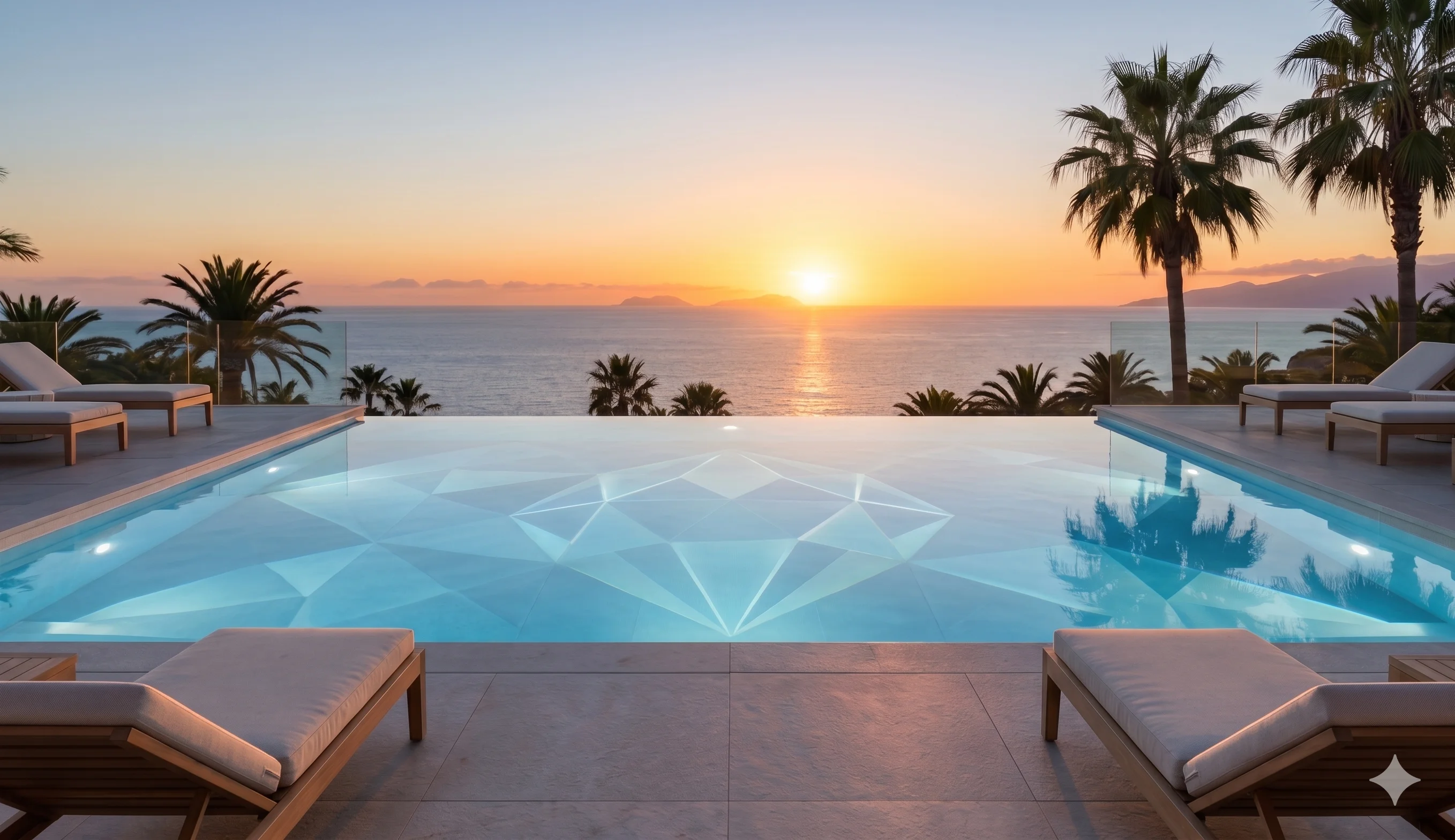 Piscina infinity premium al atardecer en Canarias